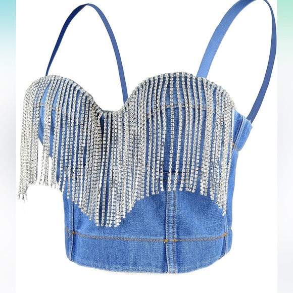 NWOT Tassel Rhinestone Denim Bustier Crop Top Jean Corset - size small - Picture 3 of 16